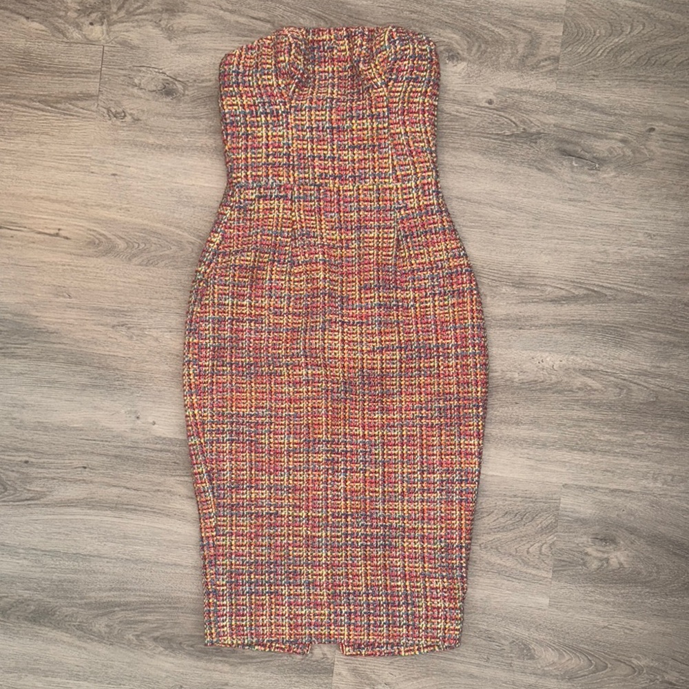 Multicolor Strapless Tweed Dress - Picture 2 of 7